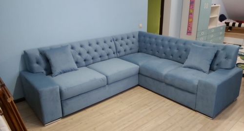Перетяжка углового дивана на дому.  Межгорье